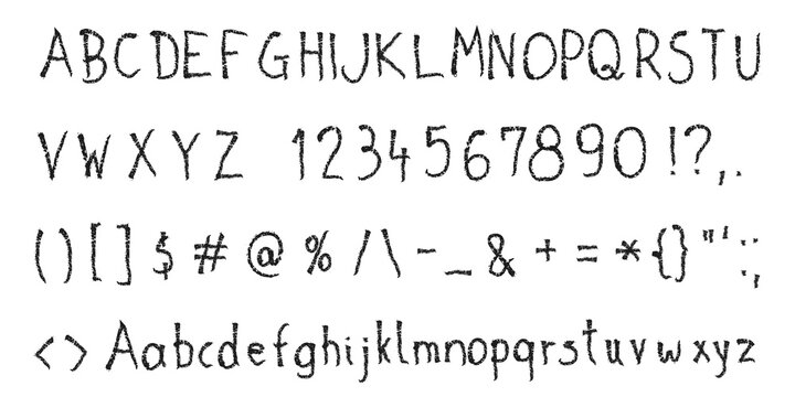 Hand drawn pencil alphabet set. Full set of characters upper case and lower case - handwritten casual style lettering font. PNG font. Transparent PNG illustration.