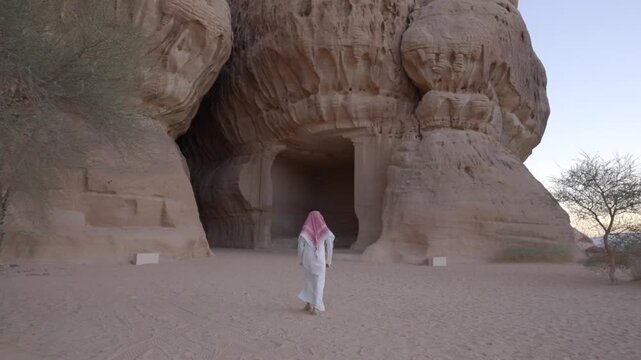 Cinematic wide shot of Saudi man in thobe and shemagh entering the majestic rock cut Diwan chamber at Jabal Ithlib in Madain Saleh AlUla