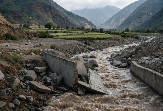 A fast flowing muddy river passing through a destroyed concrete canal in a scenic mountain valley