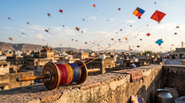 Traditional Wooden Spool with Colorful Threads and Numerous Kites Flying in the Sky over a Cityscape