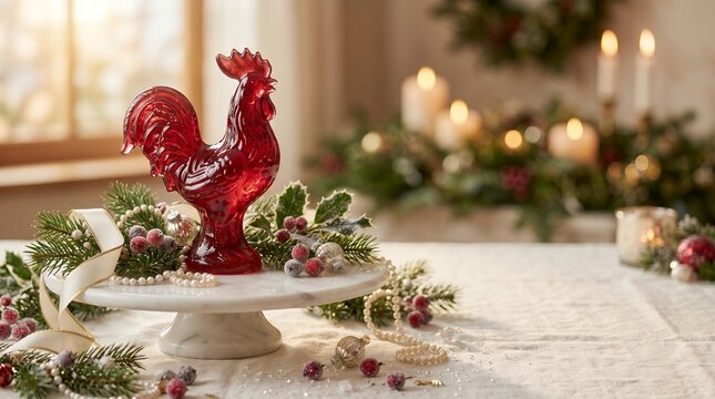 Festive Red Glass Rooster Ornament Decorative Centerpiece Display