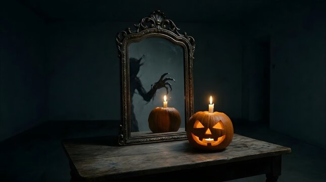 Creepy halloween scene featuring a glowing jack-o-lantern and a demonic mirror reflection resembling a scarecrow mask with opening jaws in the dark