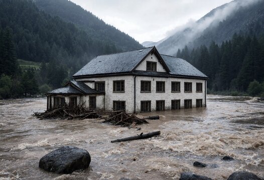 A large stone house surrounded by a fast flowing river after heavy rainfall in the mountain valley
