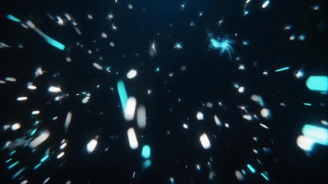 Extreme Macro Motion of Glowing Blue and White Particles Colliding in Dark Space, Cinematic Abstract Energy Background