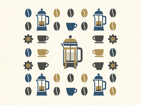 Decorative pattern featuring french press coffee makers coffee beans and ceramic cups in classic brown and navy blue colors for cafe textile design.