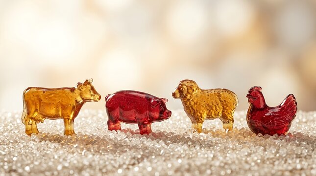 Artistic Clear Candy Animal Figures of Farm Animals Lined Up
