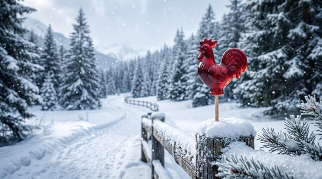 Festive Red Rooster Lollipop Candy Icon Standing In A Snowy Winter Forest Landscape