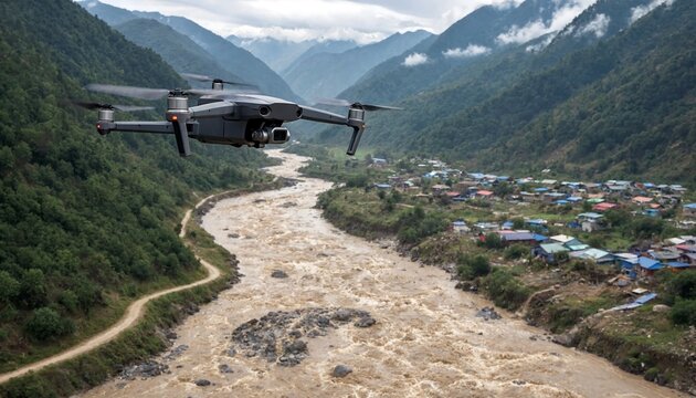 Modern drone flying over a remote mountain village and river valley in the himalayas