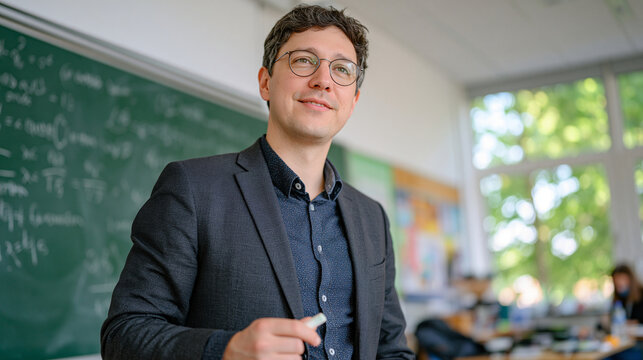 Candid medium shot of a focused young man in an elegant suit solving a difficult quadratic equation on a blackboard, pausing thoughtfully with chalk in hand, realistic handwritten mathematical calcu
