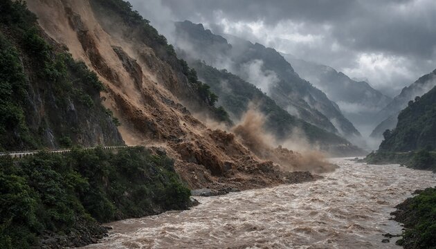 Dramatic landscape view of a dangerous mountain landslide crashing into a turbulent flowing river during heavy rainfall
