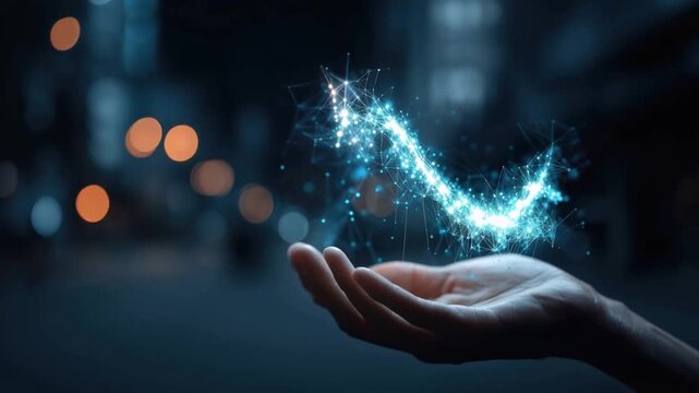 A glowing, ethereal wave of energy dances above an open palm, a mesmerizing display of technological magic against a bokeh-blur cityscape. ..Created with Generative AI, not depicting real subjects.