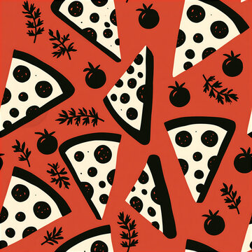 Seamless hot pizza pattern with tomato and herb motifs for design