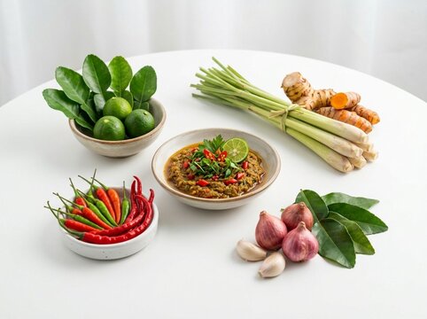 A professional culinary arrangement of fresh lemongrass, turmeric, galangal, and kaffir lime leaves presented on a clean white surface for commercial food marketing.
