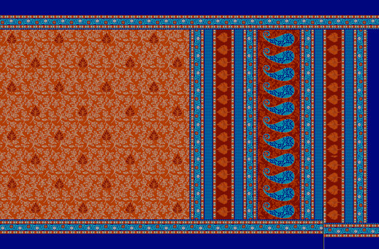 Traditional Indian Saree Layout with Ethnic Decorative Patterns and Ornate Galo Pallav Border Textile Print