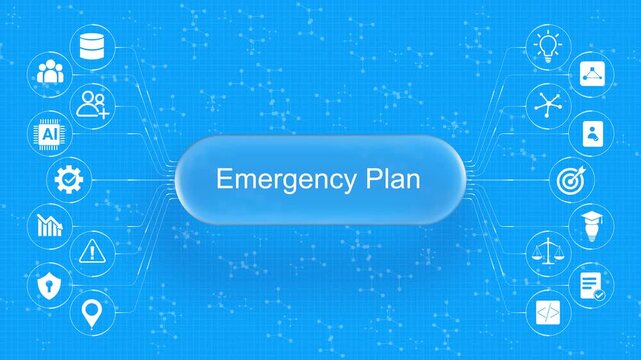 Advanced digital blueprint diagram illustrating emergency plan protocols and crisis response strategies connected with technology icons.