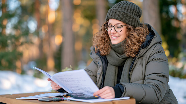 Female adult carefully comparing financial documents and calculator results at a wooden picnic table surrounded by fresh snow, wearing a thick winter jacket, scarf and knitted beanie, notebook fille