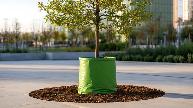 Young green tree in protective watering bag surrounded by mulch in urban public square plaza square ground modern architecture background