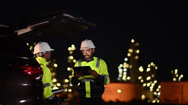 Engineer wear uniform and helmet stand workplace hand holding tablet and laptop computer, survey inspection team work plant site to work with night lights oil refinery background.	