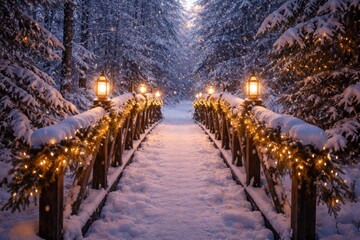 Fototapeta premium Enchanting snowy bridge with lights