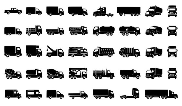 Collection of various black silhouette icons representing different types of trucks and commercial transport vehicles