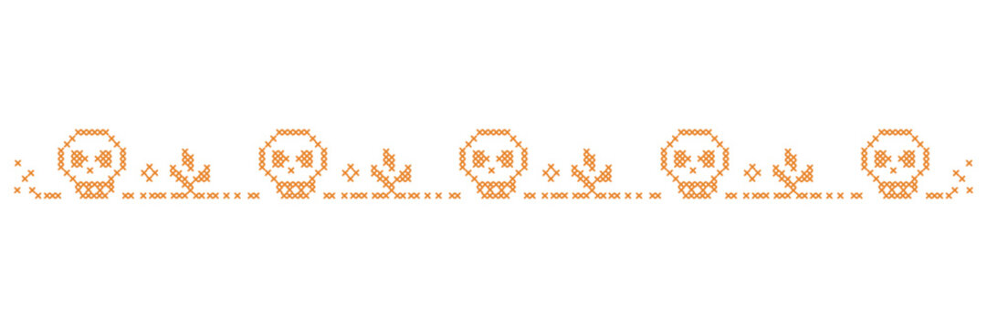 Cross stitch halloween frame border template. Spooky embroidery folk art pattern element. Digital ribbon design with skull motifs for graphic ornaments.