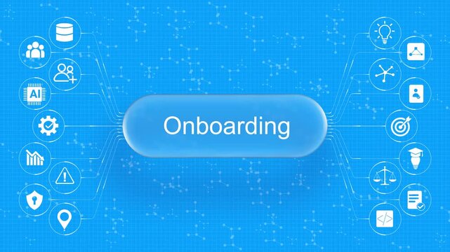 Futuristic digital employee onboarding workflow interface visualizing recruitment and integration stages on a blue grid network.