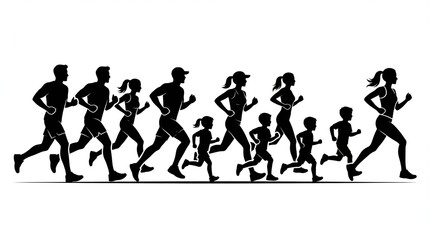 Obraz premium Silhouette of diverse family running together in dynamic motion against white background 