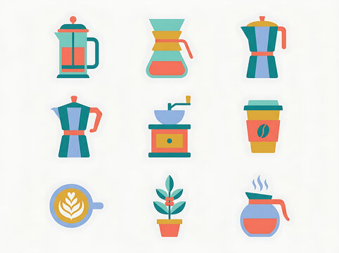 Vibrant coffee brewing equipment icons in teal and orange palette for contemporary cafe signage and educational infographics about specialty coffee art.