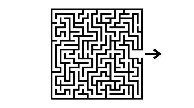 Black square maze with entry and exit arrows.
