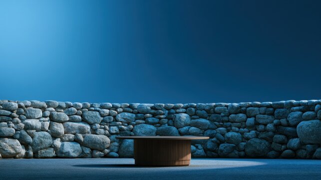 Calm blue presentation stage with wooden podium and circular stone wall backdrop