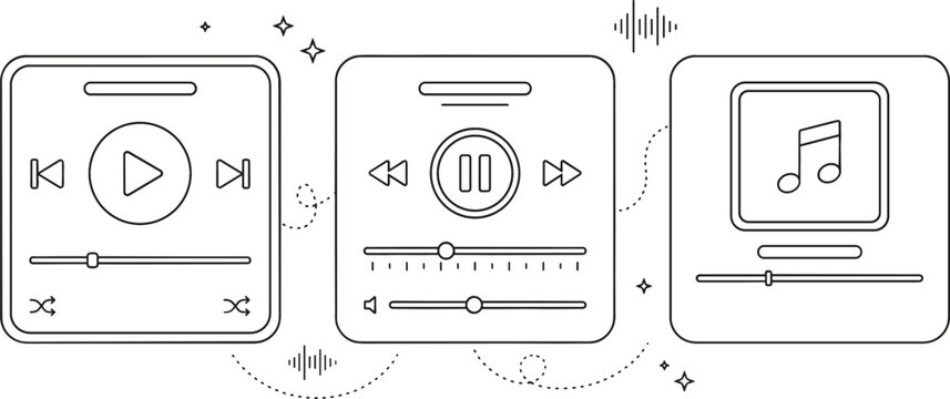 Audio music player user interface widgets vector set featuring minimal line art play pause buttons and sound wave