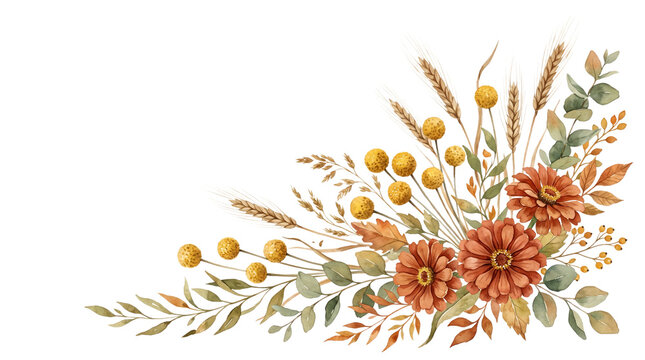 Watercolor autumn corner arrangement with dried flower and wheat