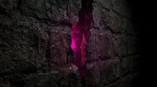 Mysterious glowing pink supernatural trace on dark stone wall for halloween haunt eerie bioluminescent silhouette shadow path marker in old dungeon
