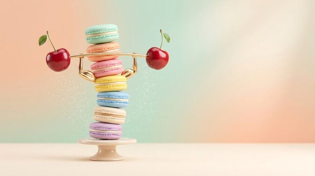 A stack of colorful french macarons lifting a barbell with two red cherries as weights on a light pastel background, with a cake stand