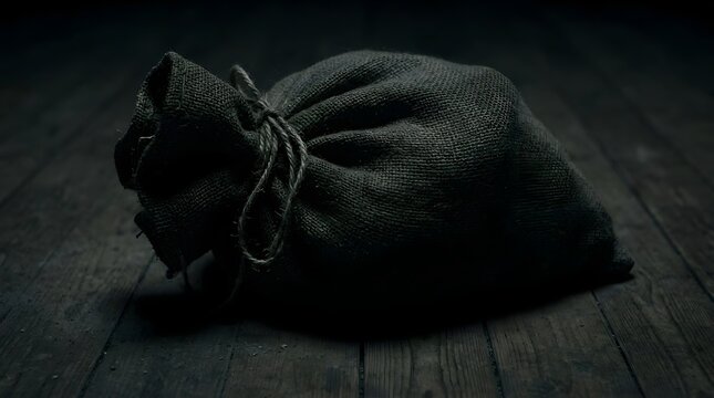 Mysterious dark sack full of secrets on a rustic wooden table, perfectly capturing the spooky spirit of halloween night