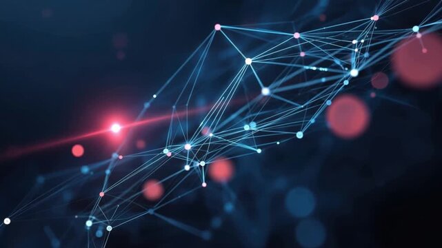Abstract digital network of glowing blue lines and nodes, with red bokeh lights in the background, representing connection and data flow. ..Created with Generative AI, not depicting real subjects.