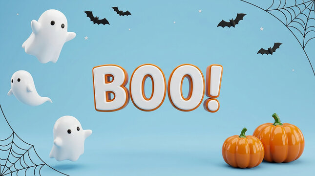 Fun halloween ghosts and bats with pumpkins saying boo