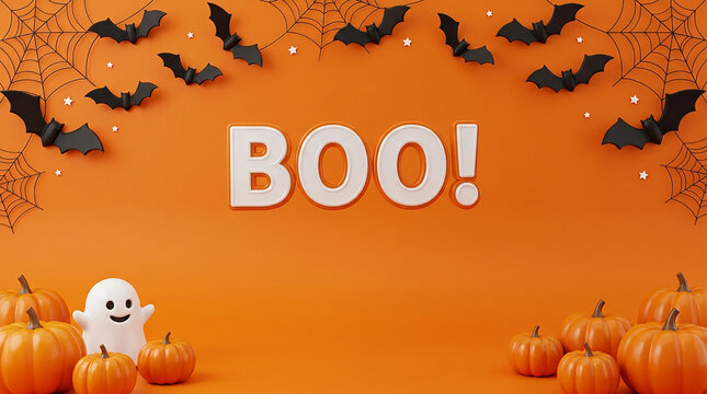 Cute ghost with bats and spooky boo text on orange background