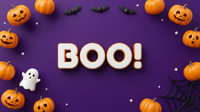 Fun halloween jack o lanterns and ghost with spooky boo text on purple background