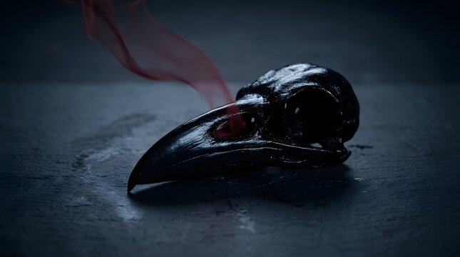 Mystical black raven skull with red smoke for spooky halloween gothic horror concept dark mystical bird skeleton still life background