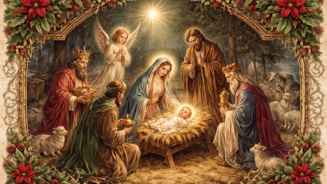Nativity scene with holy figures.