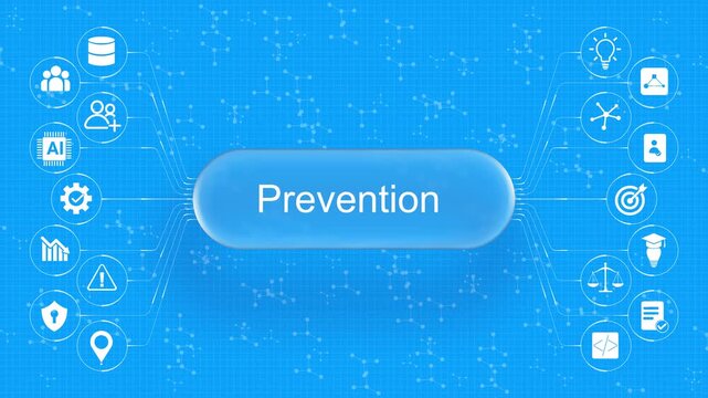 Advanced digital network interface displaying risk prevention protocols and secure proactive defense strategies connected with technology icons.