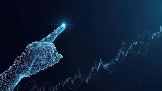 A futuristic digital hand, constructed from glowing blue particles and connected points. ..Created with Generative AI, not depicting real subjects.