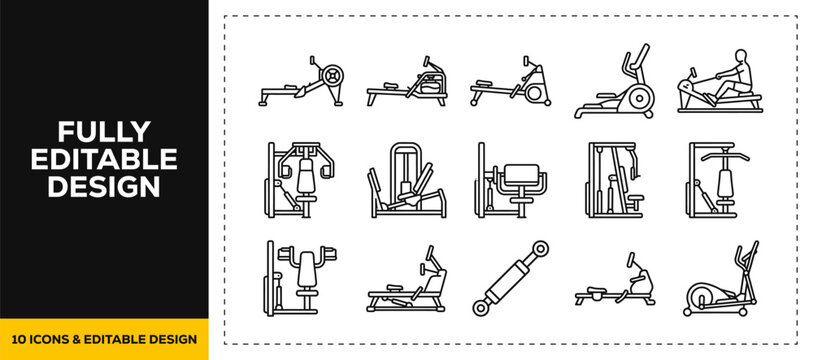 flat vector illustration line art icon bundle set design focused on gym cardio equipment treadmill stationary bike and rower machines for professional fitness apps ui ux
