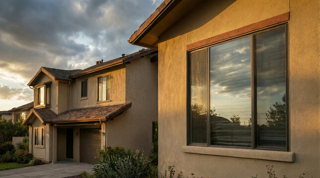 Mid century modern house with clerestory windows and carport viewed from a three quarter angle at sunset