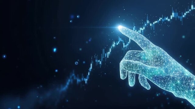Futuristic holographic hand interacting with a glowing digital stock market graph. ..Created with Generative AI, not depicting real subjects.