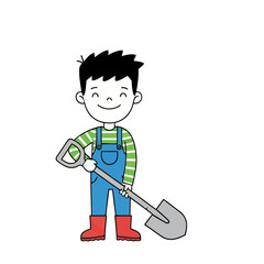 Fototapeta premium Cartoon boy with shovel and overalls