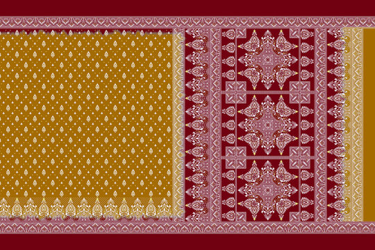 Traditional Indian Saree Layout with Ethnic Decorative Patterns and Ornate Galo Pallav Border Textile Print