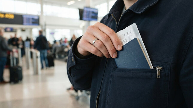 Traveler putting passport and boarding pass in pocket at airport