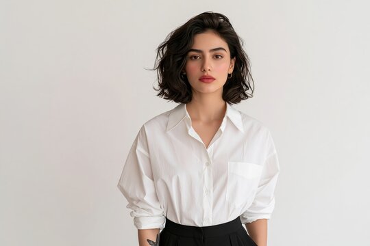 Beautiful young woman with curly dark hair wearing a white shirt and black skirt studio portrait